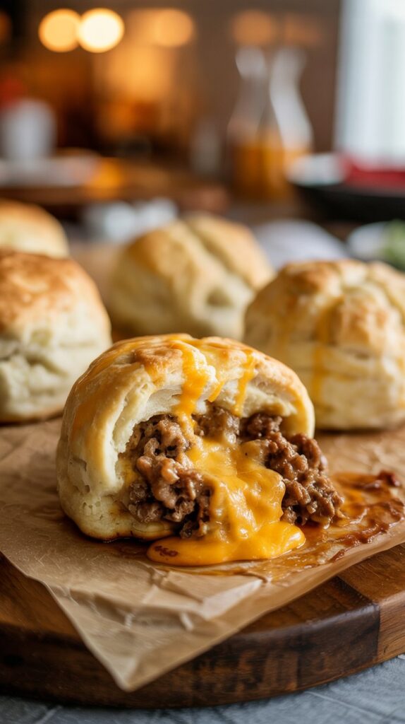 Golden brown biscuit bombs filled with seasoned ground beef and melted cheddar cheese. One biscuit is broken open on a wooden surface to reveal the juicy cheeseburger filling.