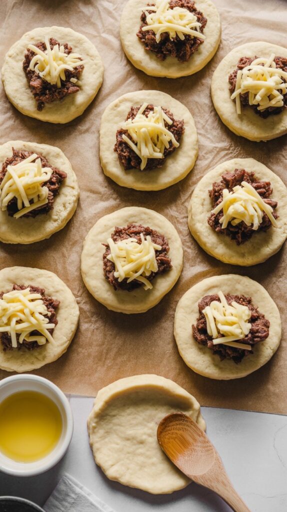 Overhead photo showing biscuit dough being filled with cooked beef and cheese, with another round being placed on top before sealing.