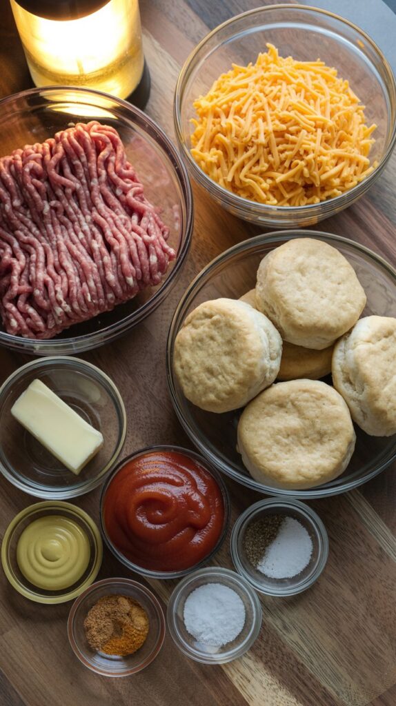 Overhead view of raw ground beef, shredded cheddar, biscuit dough rounds, and seasonings in glass bowls on a wooden countertop.
