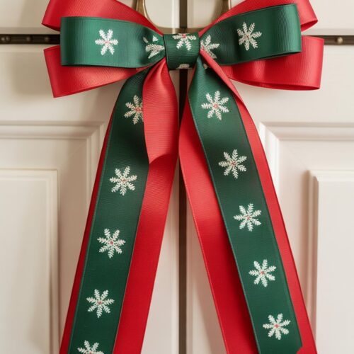 closeup of a red and green Christmas bow with snowflake son the green part, fastened to a cabinet