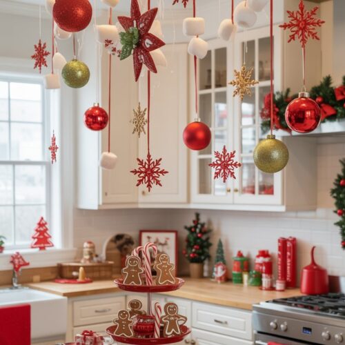 A decorative Christmas mobile of colorful stars and snowflakes hung by fish wire floating over the kitchen island