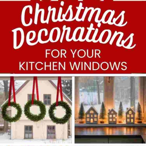 Five different images of Christmas decorations for the kitchen windows and text "10 Easy Christmas decorations for your kitchen windows"