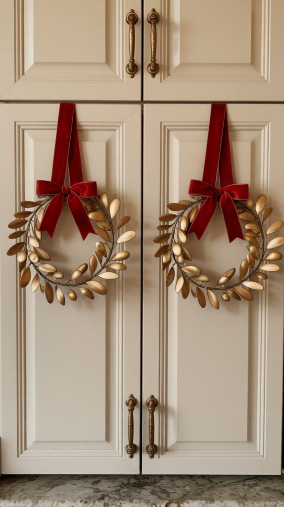 a country kitchen with cream-colored cabinets and antique brass handles. Each cabinet door has a small Christmas wreath made of laurel-style leaves with a gold painted finish.