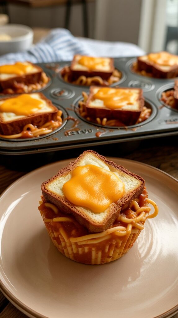 Close-up of a single spaghetti cup on a ceramic plate. Inside, marinara-coated spaghetti; on top, a crispy toasted bread square with melted cheddar.