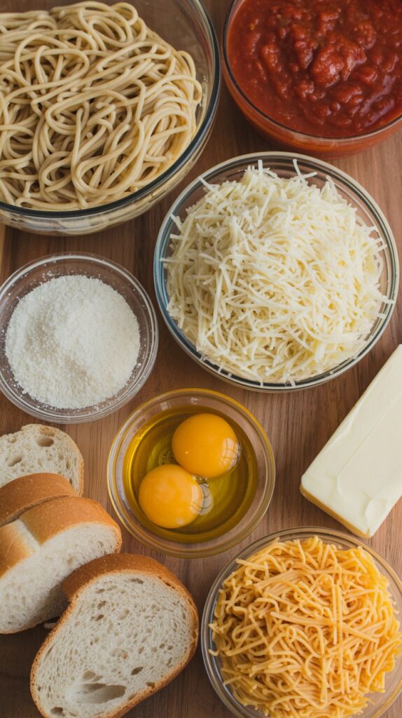 Overhead view of clear glass bowls holding cooked spaghetti, marinara sauce, shredded mozzarella, grated Parmesan, eggs, butter, bread slices, and cheddar cheese. Arranged neatly on a wooden countertop in warm natural light.