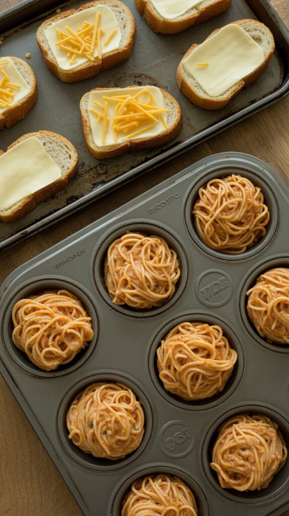 Overhead photo of spaghetti mixture in a nonstick muffin tin, with buttered bread slices topped with cheddar waiting on a baking sheet beside it.