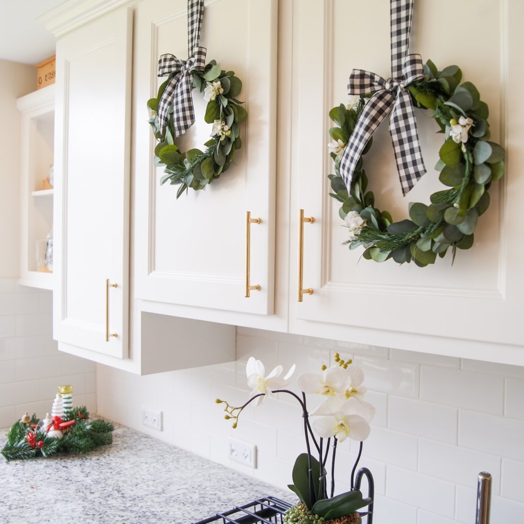 A modern kitchen  with white cabinets with 2 green wreaths with buffalo plaid black and white bows hang from the cabinet doors. 