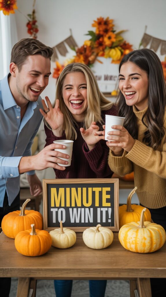 Friends playing a Thanksgiving Minute to Win It game with cups and mini pumpkins on a festive table.
