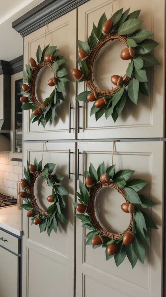 A modern kitchen with light gray cabinets and Christmas wreaths hanging from them. Wreaths are green bay leaves with small brown acorns.