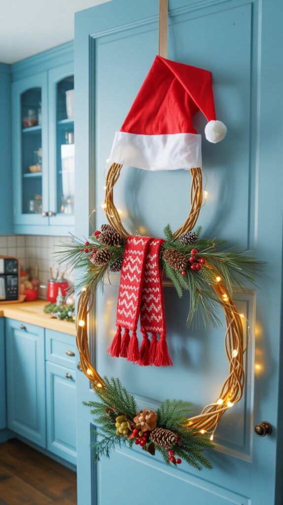 a bright kitchen with blue cabinets and a snowman shaped wreath hanging on cabinet.