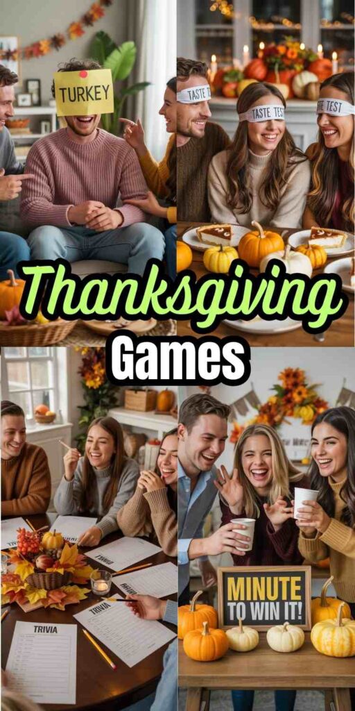 a collage of 4 photos showing groups of people playing a variety of fun games at Thanksgiving and text "Thanksgiving Games"