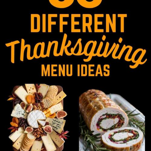 a collage of 6 different Thanksgiving recipes with text "86 Different Thanksgiving Menu Ideas"