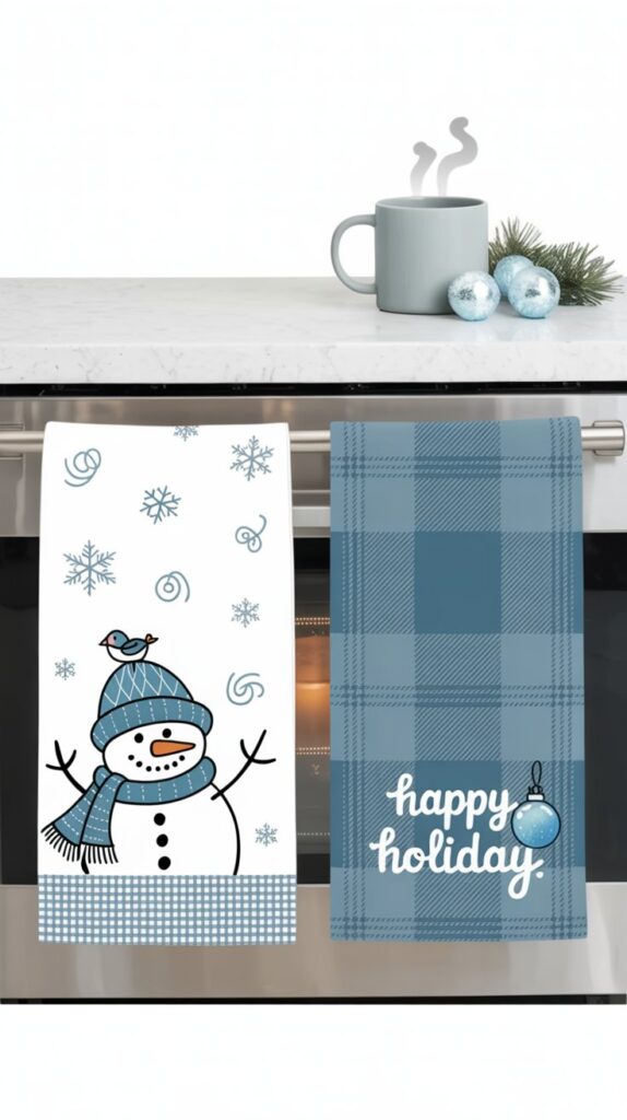Pair of blue and white snowman and plaid Christmas towels styled on a stainless oven in a soft-toned winter kitchen.