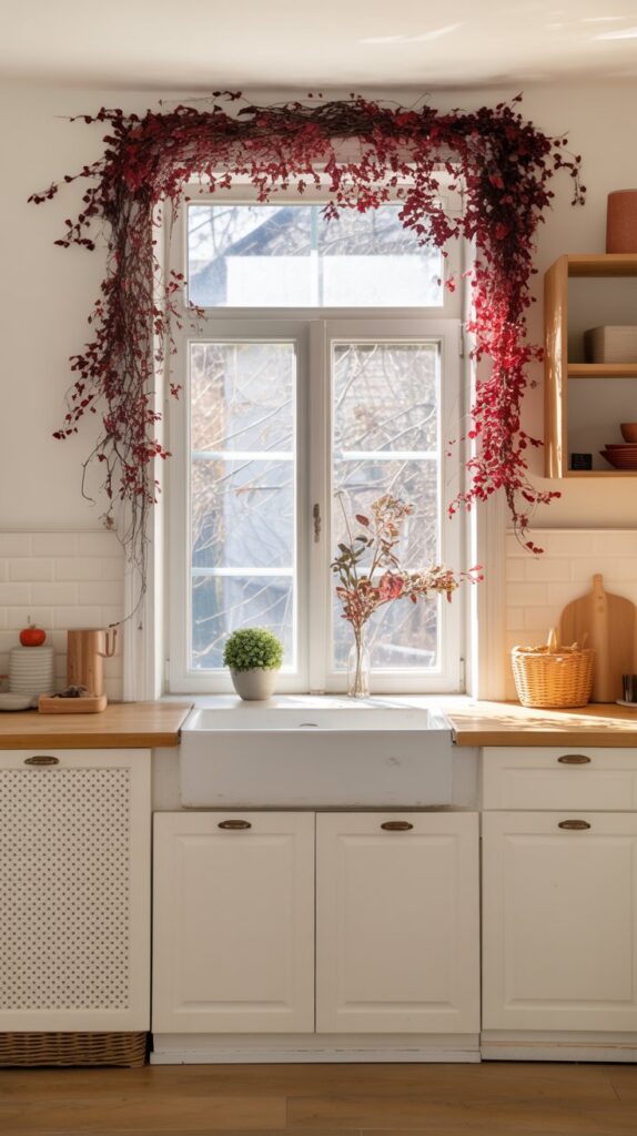 Kitchen window framed in deep red and burgundy berry garland; rustic and cozy setting.