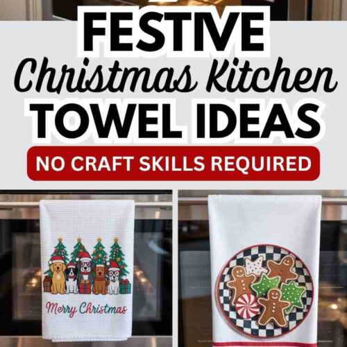 5 photos of different Christmas kitchen towel ideas with text "9 Festive Christmas Kitchen Towel Ideas. No craft skills required".