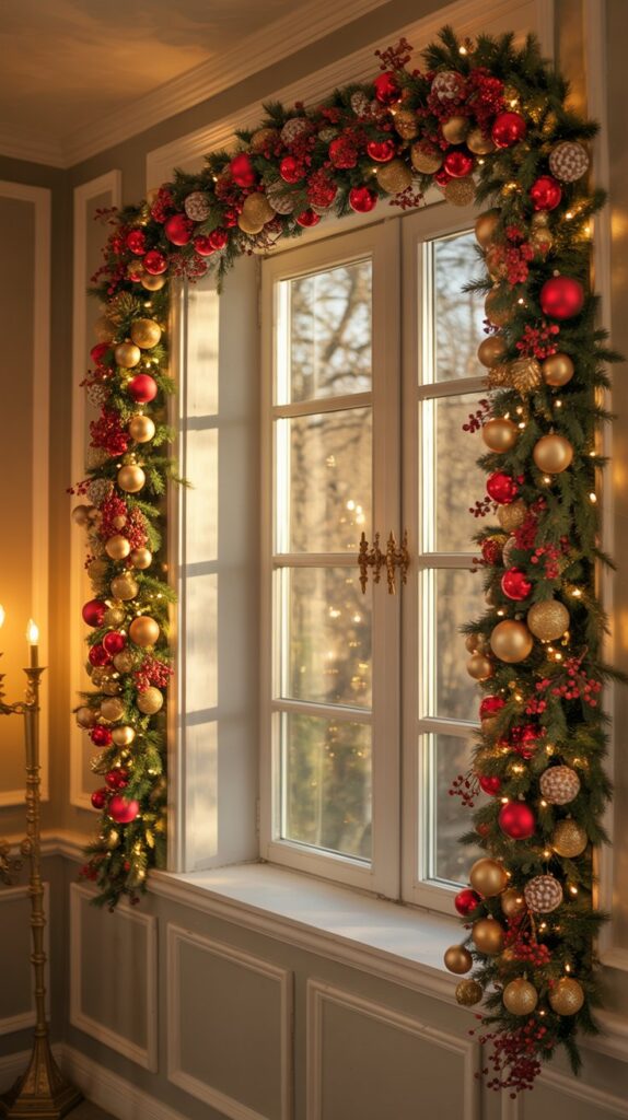 Kitchen window decorated with lush red and gold garland, ornaments, and warm lights; elegant holiday style.