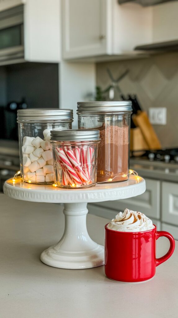 Kitchen counter with a white ceramic cake stand with containers of marshmallows, candy canes and cocoa. Below is a red mug of hot cocoa with lots of whipped cream.