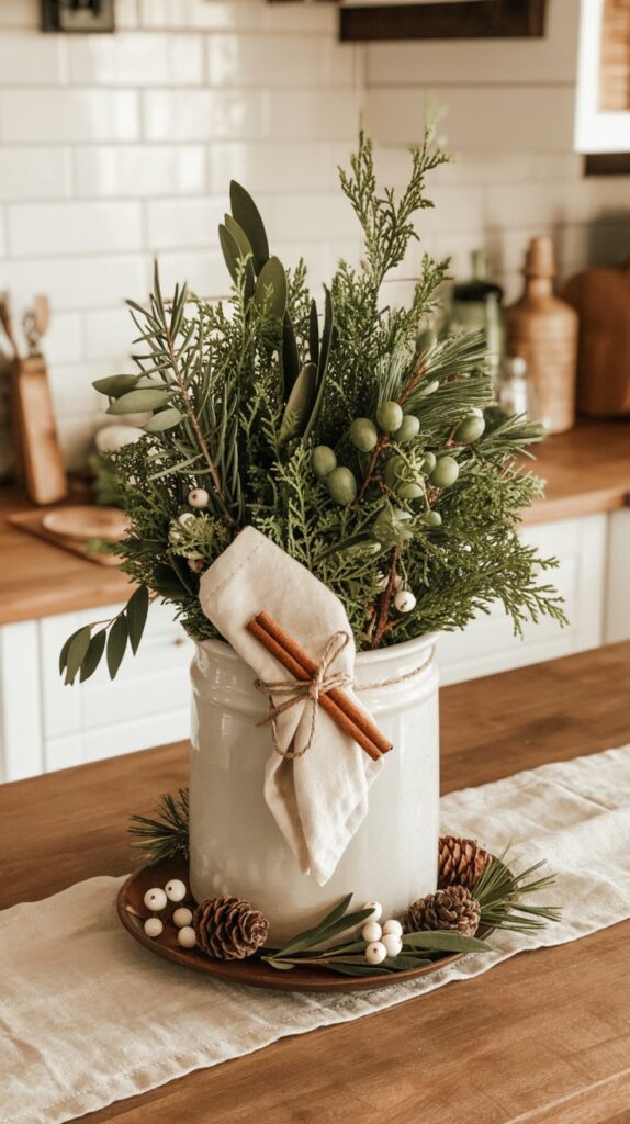 Vintage stoneware crock wrapped in linen and filled with cedar and olive branches, styled as a cottage-inspired kitchen table Christmas centerpiece.