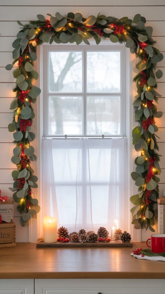 Kitchen window with eucalyptus garland, red berries, and multicolor lights; cozy farmhouse style with warm lighting.