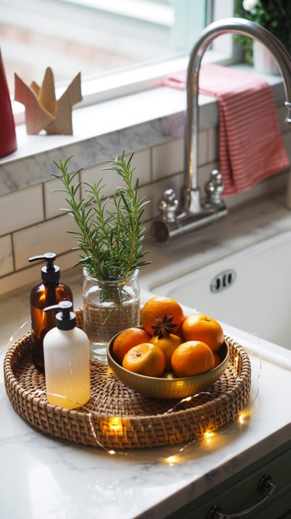 A round rattant tray with a bowl of oranges and two soap dispensers with a glass of water and several rosemary springs