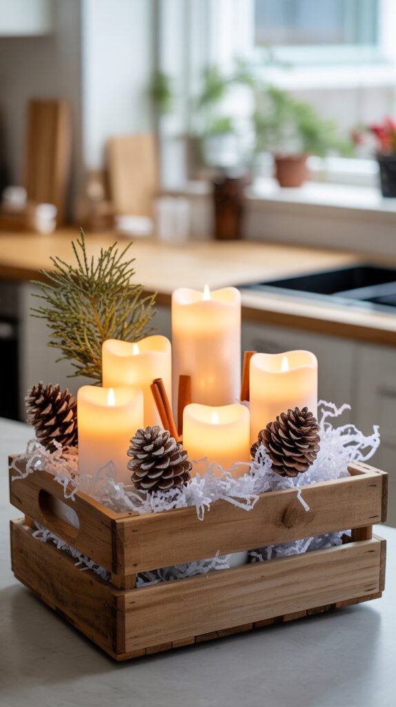 A smnall wooden crate on a kitchen counter filled with white fluff to look like snow, 5 lit candles, pine cones and a spring of rosemary