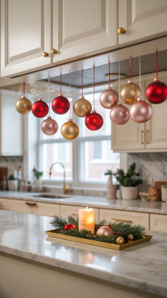 Colorful Christmas ornaments hanging from ribbons over a wicker tray containing a candle and Christmas greenery.