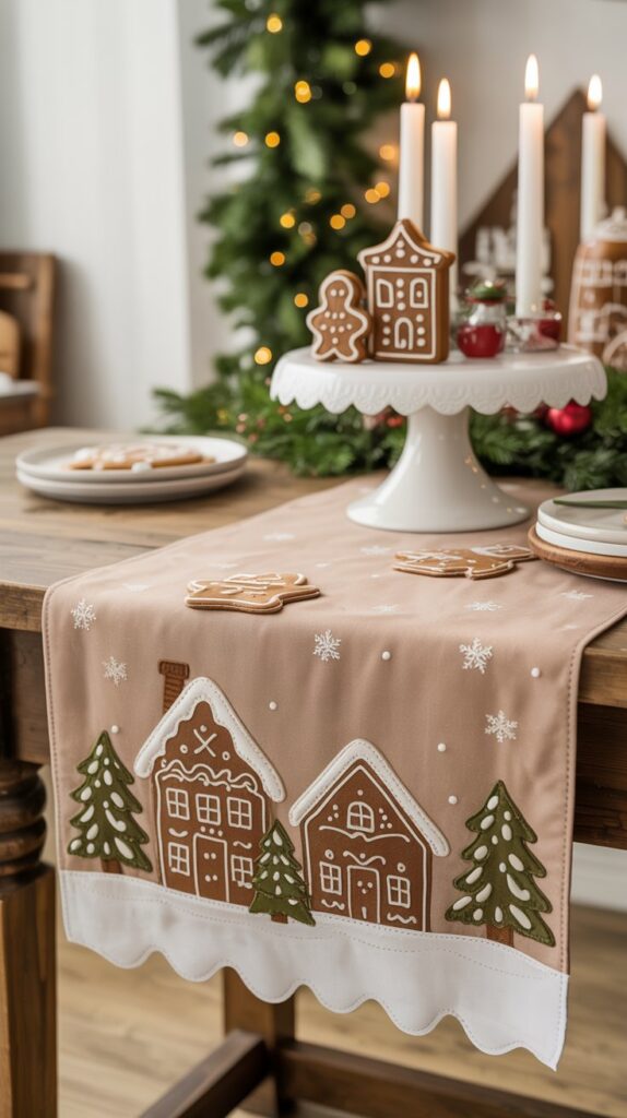 Kitchen island with a gingerbread village table runner, decorated with cookies, candles, and soft holiday lighting.