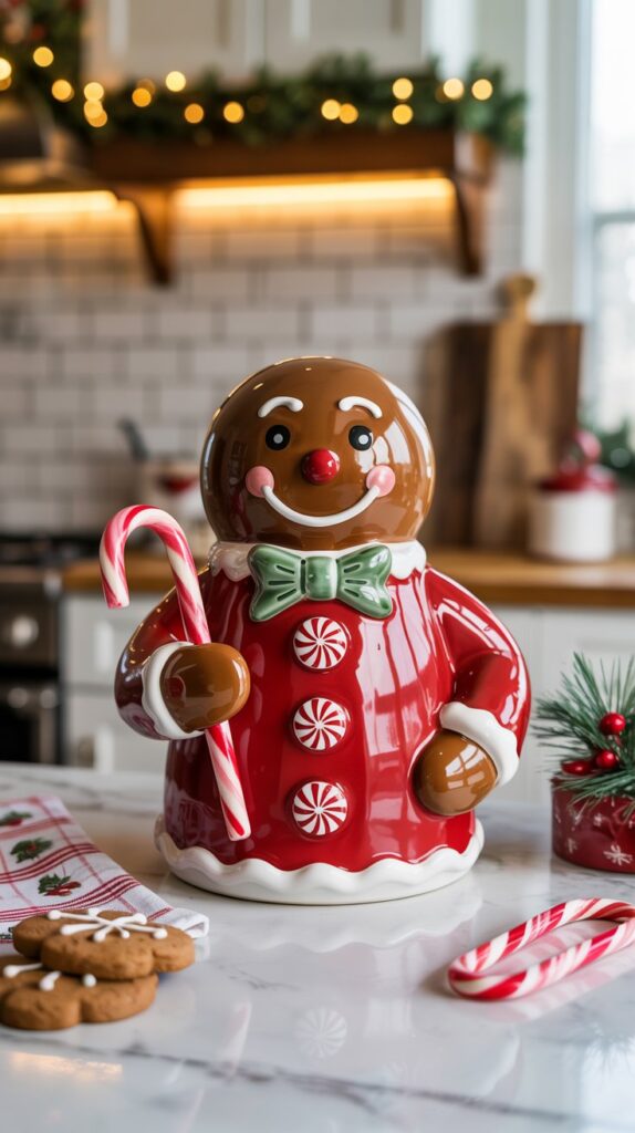 Ceramic gingerbread man cookie jar with a red jacket,  peppermint buttons, green bow tie, and a small candy cane in one hand. The jar has a smiling face with white icing details and is designed in a glossy finish.