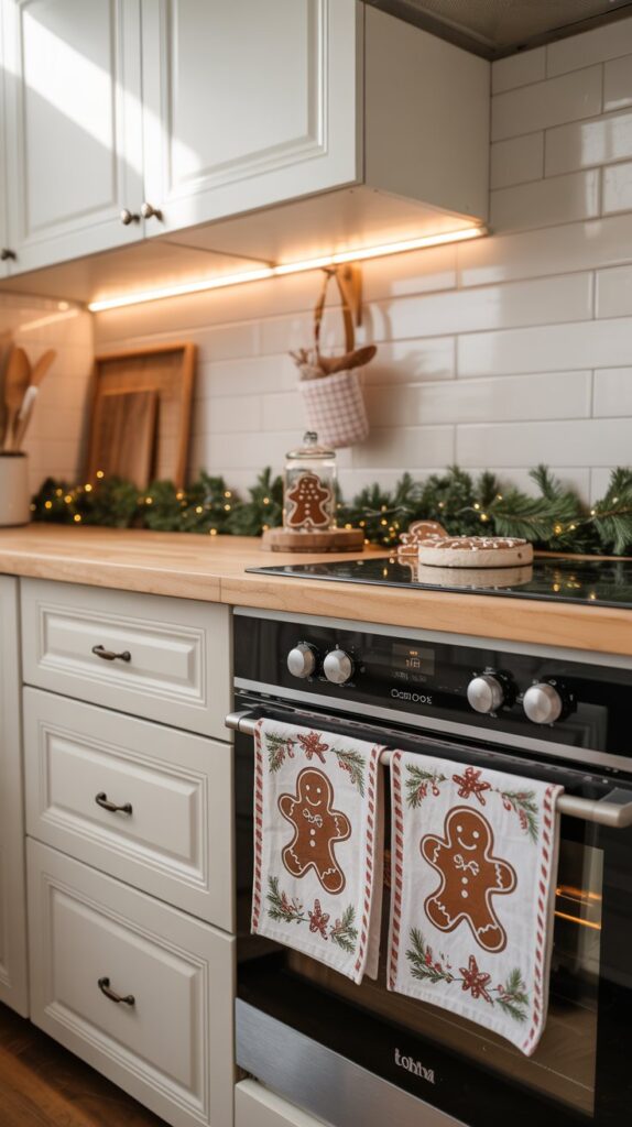 Gingerbread-themed kitchen tea towels hanging on a farmhouse kitchen stove.