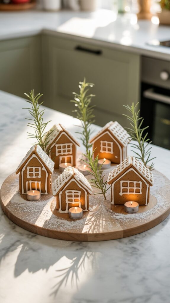 5 small gingerbread houses on a round tray surrounded by fake snow, lit with small tea lights and rosemary sprigs for trees.