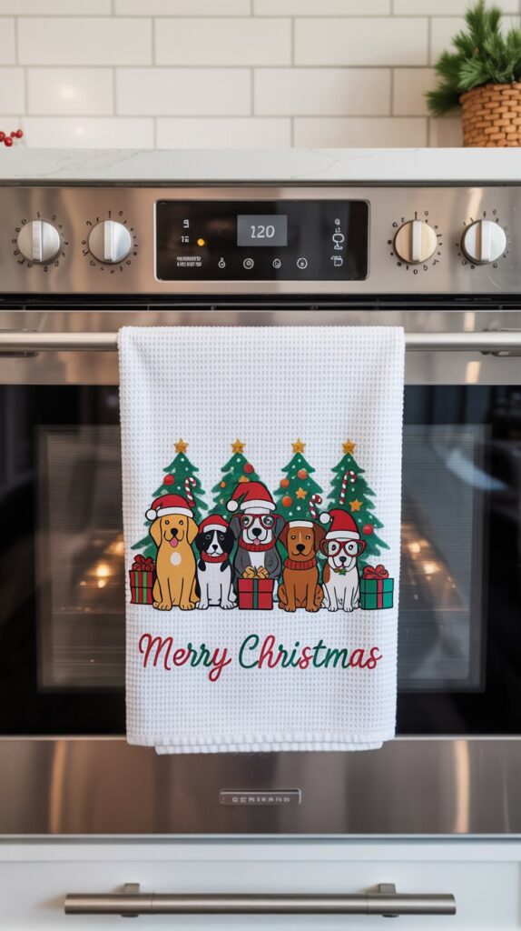 White towel with a group of festive dogs in front of decorated Christmas trees and the text ‘Merry Christmas’ hanging in a light, pet-friendly kitchen