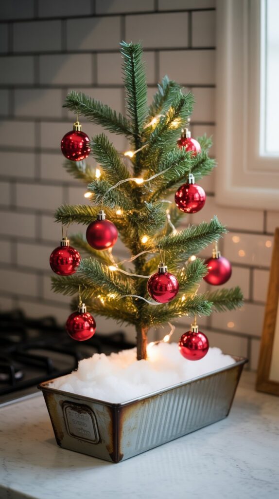 Miniature Christmas tree decorated with red ornaments and fairy lights, placed in a vintage metal bread loaf pan filled with faux snow, sitting on a marble kitchen counter near a tiled backsplash and window.