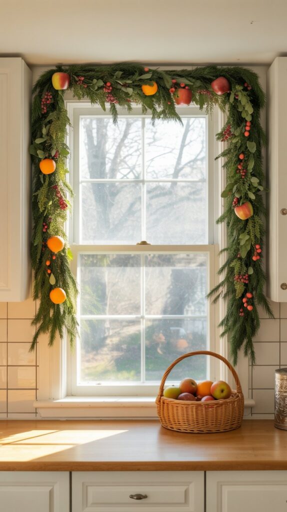 Faux fruit garland (oranges, apples, berries) on kitchen window with warm afternoon light.