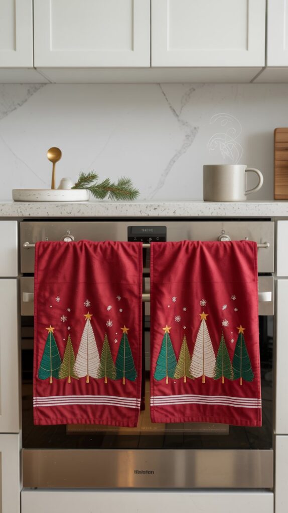 Red kitchen towel with embroidered green, gold, and white Christmas trees styled on an oven bar in a clean modern kitchen
