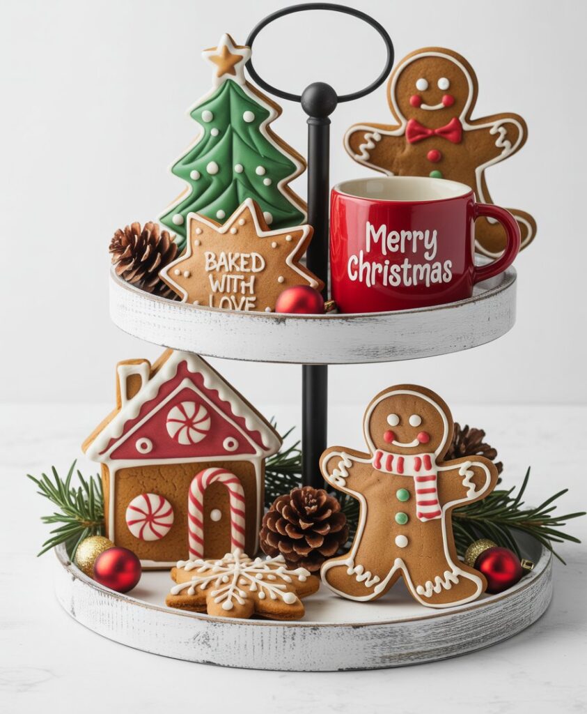 Two-tiered tray with gingerbread figurines and Mrs. Claus decor in a white farmhouse kitchen with Christmas accents.