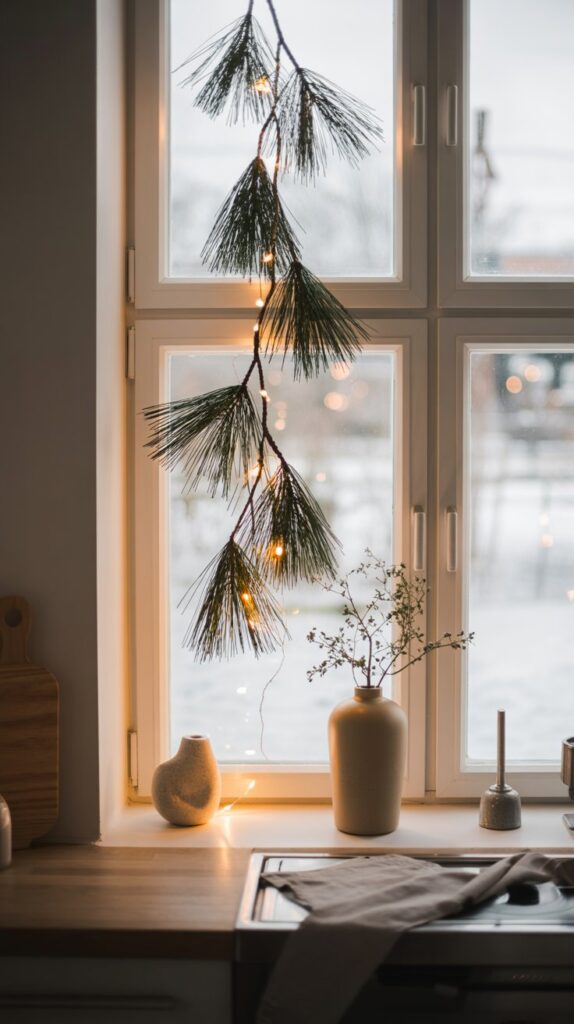 Minimalist kitchen window with slim pine garland and warm LED lights; Scandinavian-inspired decor.