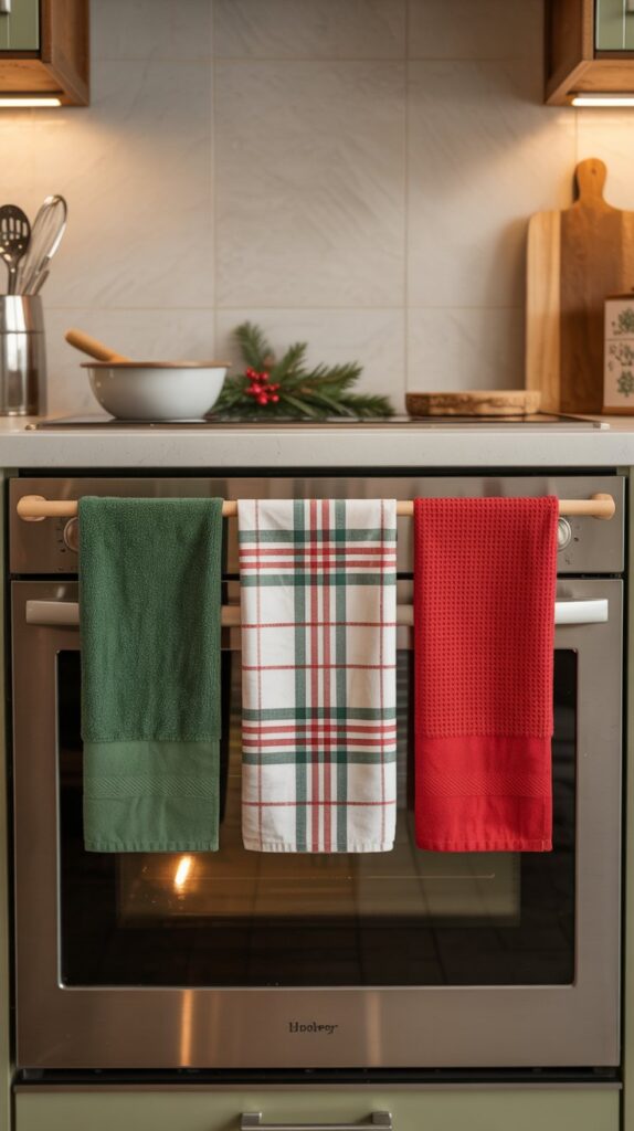 Set of three towels—solid green, red and green plaid, and solid red—neatly arranged on an oven bar in a traditional holiday kitchen