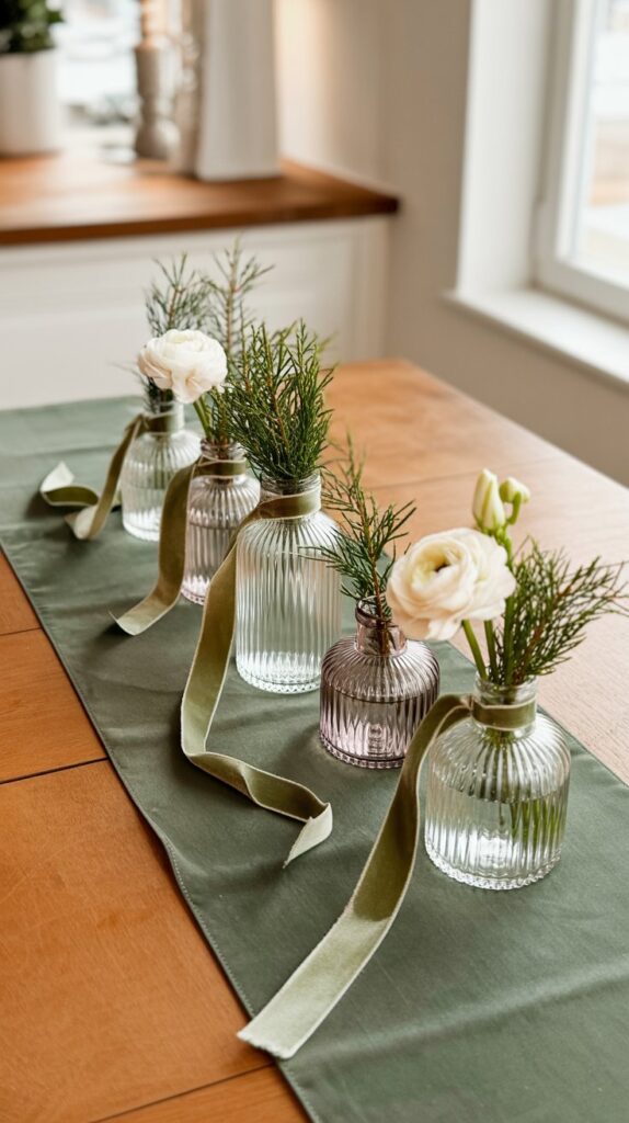 Mini bud vases with velvet ribbon accents, each holding a small bunch of holiday greenery, arranged down a velvet runner on a wooden table.
