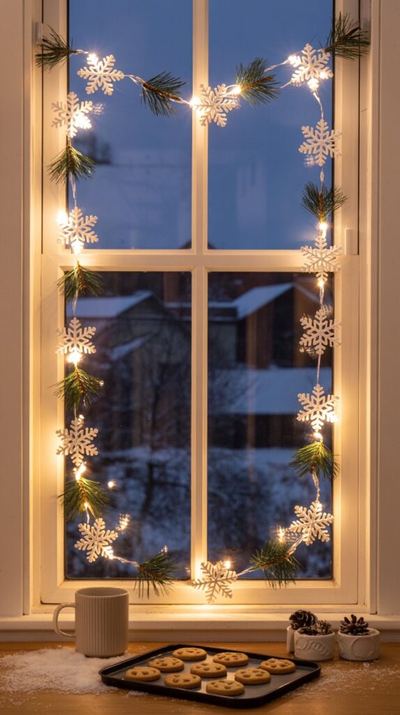 Kitchen window decorated with snowflake garland, pinecones and twinkling warm lights.