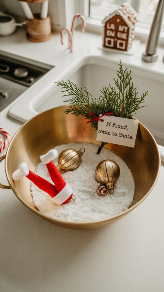 Large gold mixing bowl filled with faux snow, Christmas ornaments, a small greenery sprig, and red elf legs sticking out upside down, with a tag reading “If found, return to Santa,” styled on a festive kitchen counter.