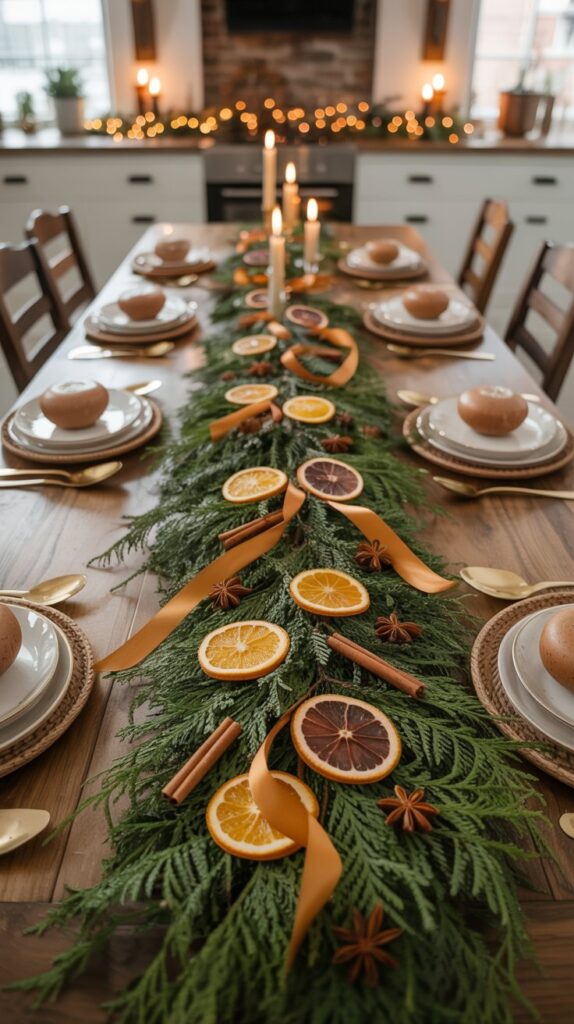 Evergreen garland centerpiece with dried orange slices, cinnamon sticks, and candles running down the center of a farmhouse kitchen table.