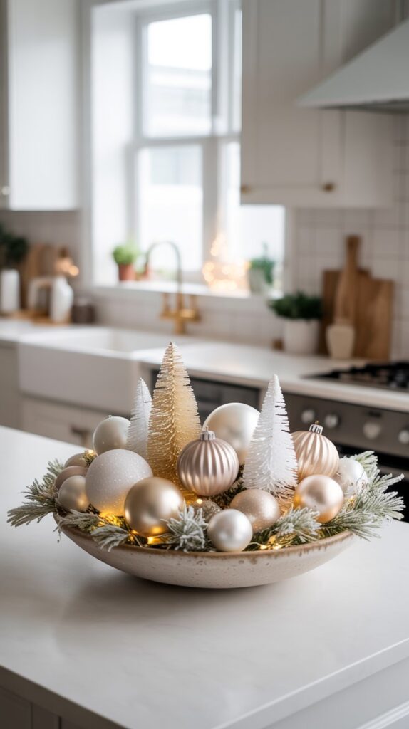A wide ceramic bowl on a kitchen counter dec orated with white, silver and ivory Christmas ornaments, white, tan, and silver mini Christmas trees and frosted greenery and fairy lights.