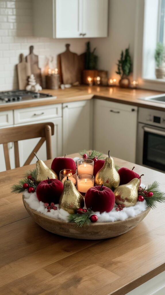 Christmas dough bowl centerpiece filled with faux snow, velvet red apples, glittery gold pears, candles, and cedar sprigs on a wooden kitchen table.