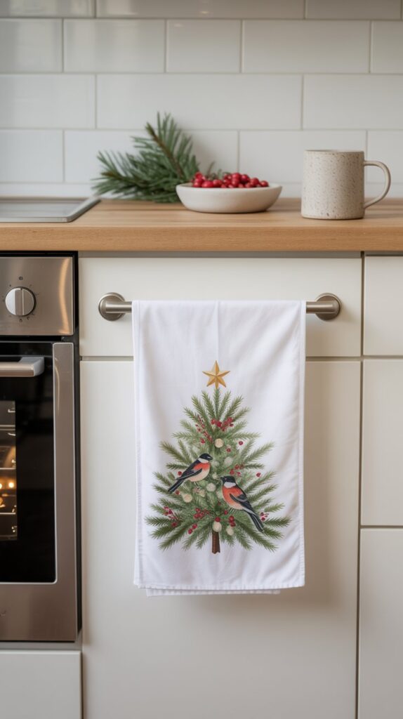 “White kitchen towel with watercolor-style Christmas tree, red berries, and two red-breasted birds styled in a cozy kitchen.”