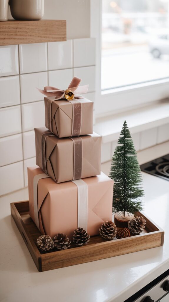 Kitchen counter with a wooden tray containing 3 presents wrapped in mauve and pink wrap with ribbon, stacked on one another and mini Christmas tree.