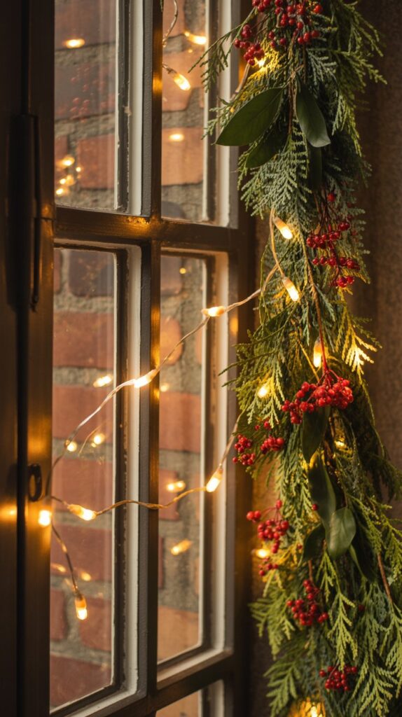 Kitchen window in golden lighting with soft yellow-green cypress garland, red berries, and warm LED lights.