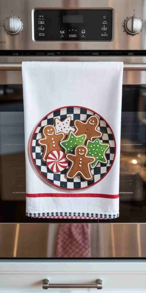 Holiday towel with illustrated Christmas cookies, including gingerbread and peppermint, displayed on an oven bar with cozy kitchen props.