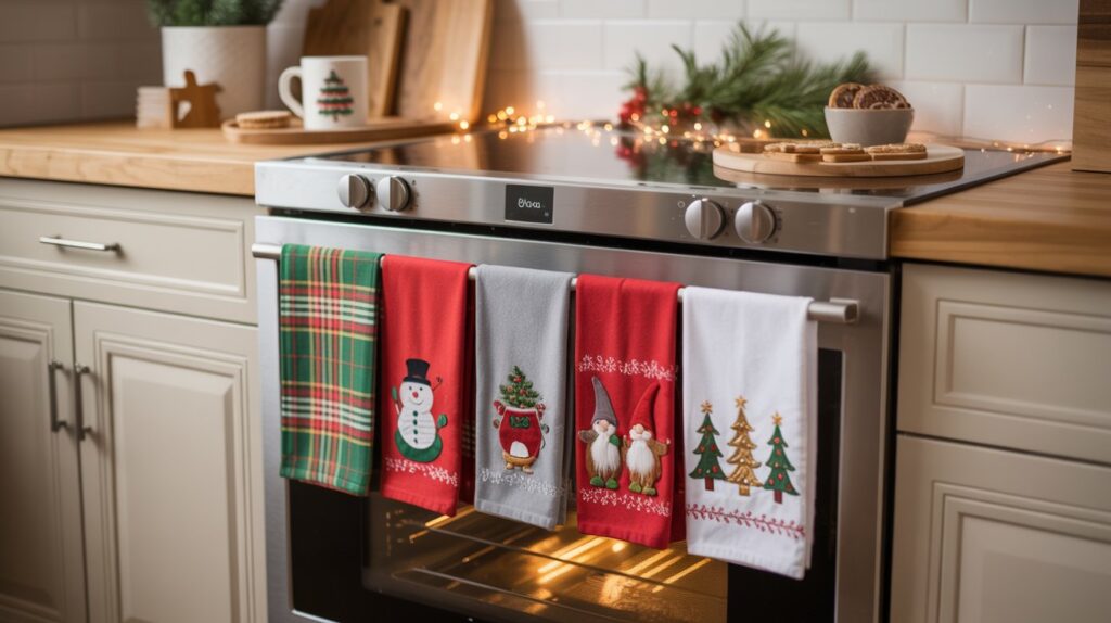 “A row of assorted Christmas kitchen towels hanging on an oven handle in a modern white kitchen, with festive props like cookies and ornaments nearby.”