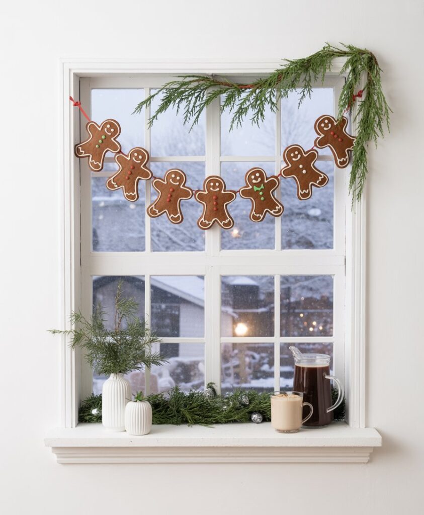 Gingerbread garland hanging across a kitchen window, with snowflake clings and a hot cocoa mug on the windowsill.