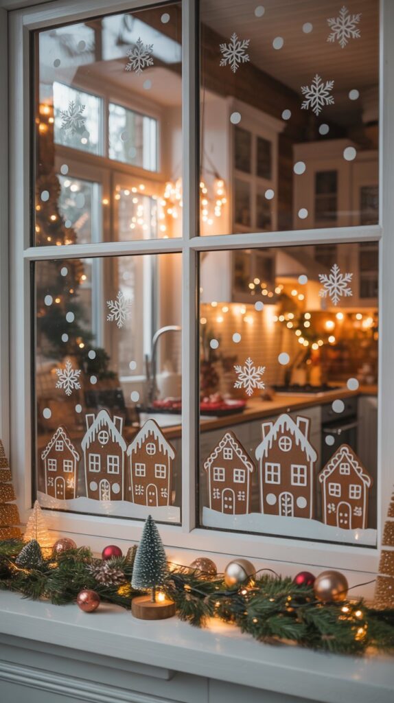 Kitchen window decorated with gingerbread house clings and snowflake decals, framed by pine garland and soft snow outside.